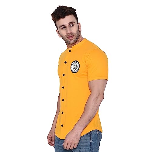 Image of Geum Men's Mandarin Collar Shirt with Graphic Print| Short Sleeve Cotton Blend Slim Fit Casual Shirt for Men