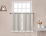 Decotex 2 Piece Buffalo Check Plaid Gingham Crochet Lace Trimmed Window Curtain Tier Panel Set (29" W X 36" L, Taupe/Beige)