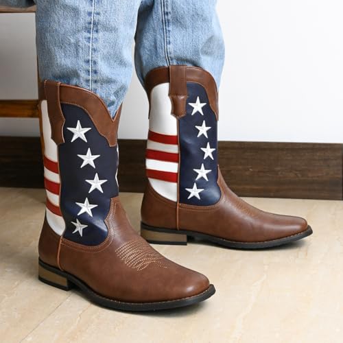 CHUUMEE Cowboy Boots for Men - Mens Square Toe Western Boot,Oil/Slip Resistant,Durable Fashionable Classic Pull on Work Boots 5