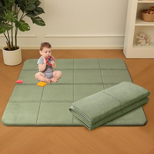 Image of MAXYOYO 1.2" Thick Baby Play Mat for Floor, 49"x 49" Foldable Playpen Mat, Tummy Time Foam Mats Ultra Soft Support,Padded Carpet with Non-Slip Backing for Infant,Kids and Toddler Crawling, Green