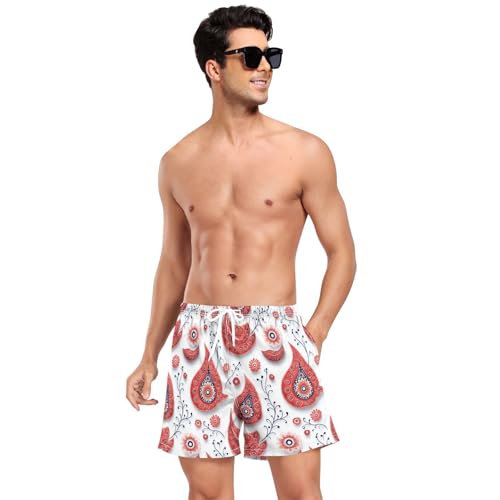Red Paisleys Flat Vector Design Swimming Trunks for Men Men Double Layer Workout Shorts with Compression Liner and Pockets Basketball Shorts Quick Dry
