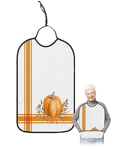 Orange Pumpkins Fall Adult Bibs for Eating, Waterproof Bibs with Food Catcher & Adjustable Snap Closure, Thanksgiving Maple Leaf Orange Striped Clothing Protectors Adult Bibs for Elderly Women/Men