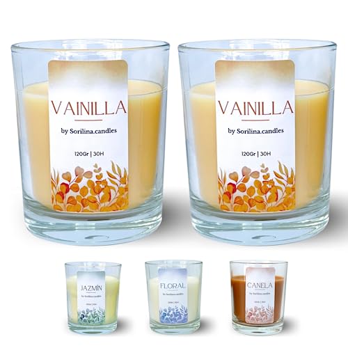 SORILINA 2 Velas de Vainilla Cera Vegetal Aroma Intenso Hechas en España - (2 unidades) - 2x120gr,...