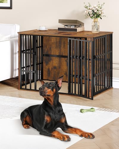 Hzuaneri Hundekäfig Möbel, Hochbelastbar Hundebox aus Holz für den Innenbereich mit Futtertür Oben, Mehrtür-Design, Großer Hundekäfig-Beistelltisch, 120 x 75 x 81 cm, Vintage Braun DFC86801B