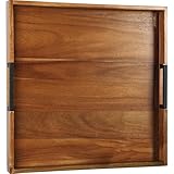 Large Square Ottoman Tray for Living Room and Coffee Table 20 Inch Decorative Acacia Wood Serving Tray with Handles for Breakfast in Bed, Dinner Food Kitchen TV (Natural, 20' x 20' x 2')