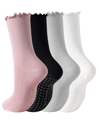 Yawlsow 4 Pairs Pilates Grip Socks for Women Cute Ruffle Frilly Yoga Socks Non Slip Cotton Crew Sports Sock for Barre Workout