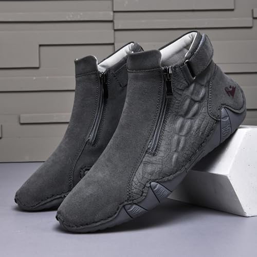 Image of Mens Mid-Top Leather Chukka Ankle Boots with Side Zipper Casual Comfortable Round Toe Non-Slip Flats Loafers for Walking Outdoor Hiking