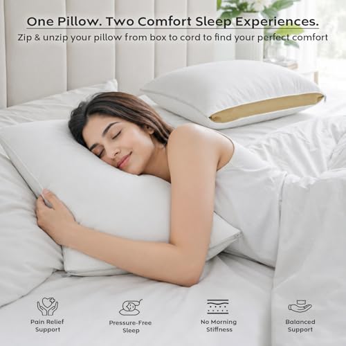 Image of AYKA Height Adjustable Microfiber Sleeping Pillow | Height Adjustable Zip Pillow | Soft & Fluffy Comfort | Hypoallergenic, Breathable & Washable |17x27 Inch | White & Beige | Set of 4