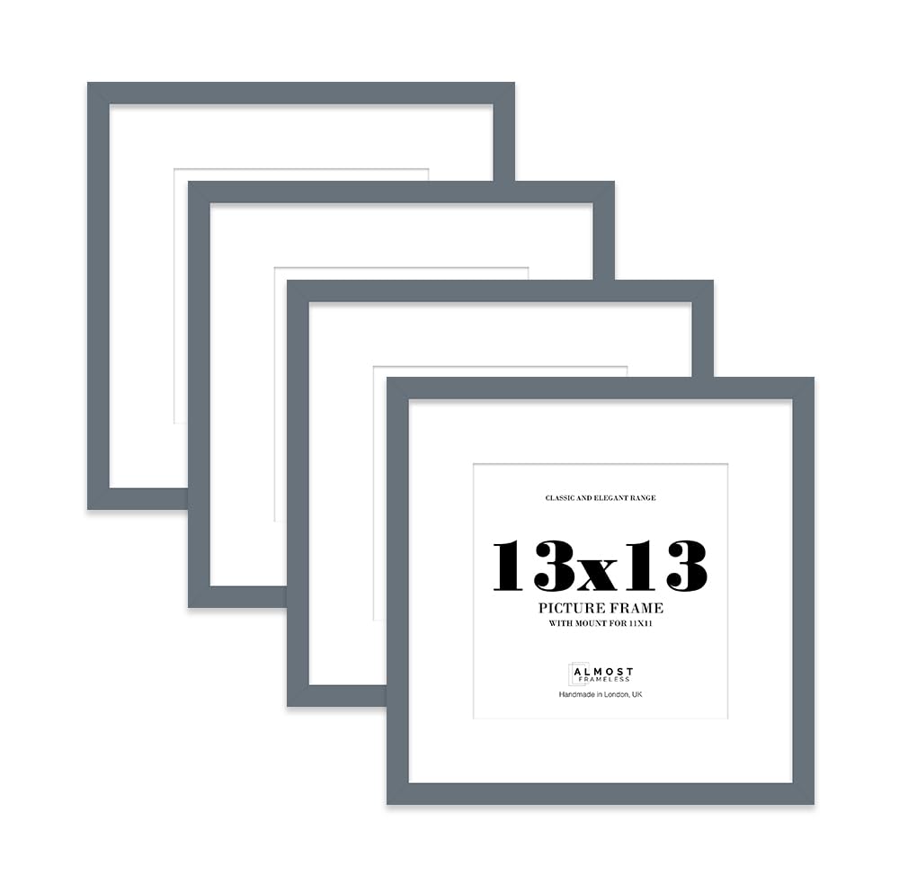 13x13 Grey Picture Frame with Mount for 11x11 Photos, Prints - Modern Square Wall Frame, Set of 4