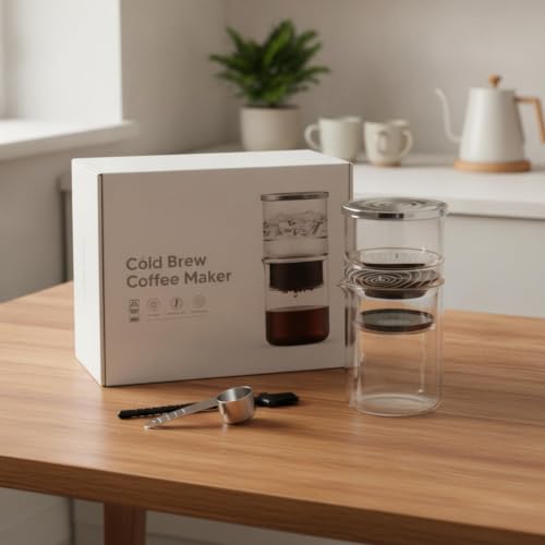 Image of Cold Brew Coffee Maker Wide Opening Mouth Cold Brew Coffee Maker with Strainer Easy to Clean Glass Pitcher with Lid for Home Baristas, Office, Apartment