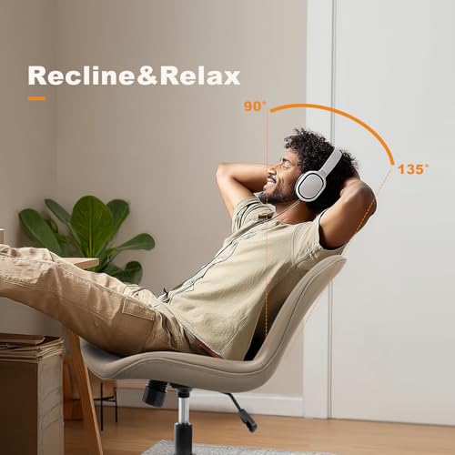 Image of Armless Office Chair, Height Adjustable Desk Chair with Wheels, Ergonomic Comfy 360 Swivel Home Office Computer Task Chair, Faux Leather Padded Cute Vanity Chair, Khaki