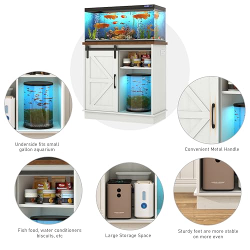Image of Hlivelood Farmhouse 20 Gallon Fish Tank Stand with Power Outlet, Aquarium Stand w /Cabinet&Sliding Barn Door, Heavy Duty Reptile Tank Stand for Fish /Turtle /Reptile Terrarium, 1000LB Capacity, Rustic WH
