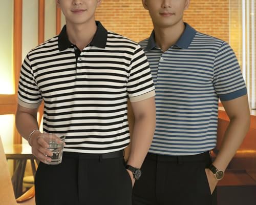 Image of MACK JONNEY Men's Cotton Polo T-Shirt | Regular Fit | Short Sleeve | Striped Casual Wear | Pack of 2 -MJ-1