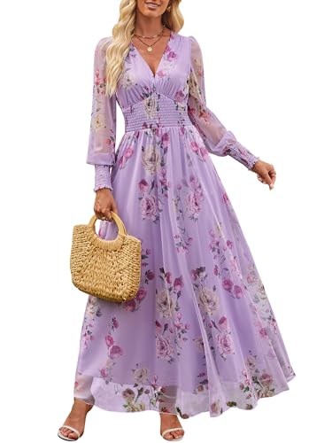 ANRABESS Women's Floral Maxi Dress 2025 Fall V Neck Puff Long Sleeve Flowy Casual Wedding Guest Tee Party Tulle Dresses Purple Rose XL