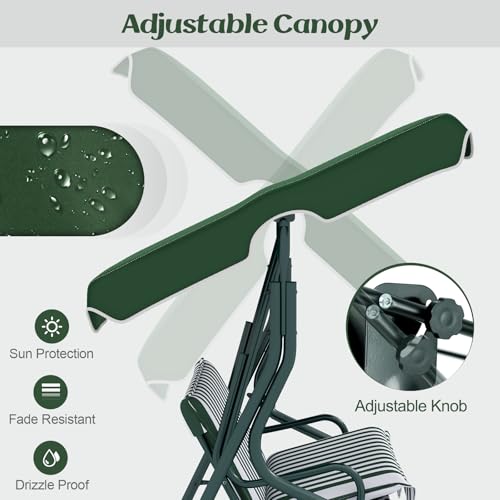Image of Tangkula 3 Person Porch Swing, Patio Swing with Removable Cushion & Powder-Coated Steel Frame, Outdoor Swing with Canopy for Porch, Backyard, Garden, Balcony (Green)