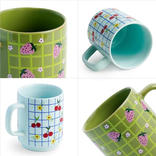 Image of Shay Ceramic Mug, 2 Pc, Strawberry & Cherry, 300ml | Glossy Finish | Ceramic Coffee Cup | Porcelain | Microwave Safe (Rise Mug - 2Pc - Strawberry & Cherry)
