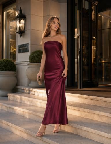 Image of Realtix Summer Satin Strapless Backless Maxi Dress for Women Wedding Guest