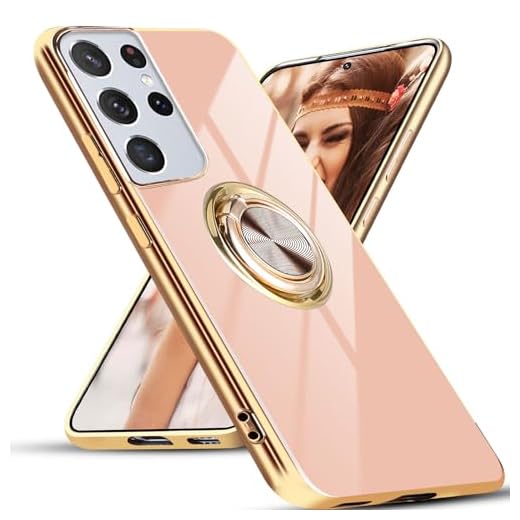Aitipy Capa para Samsung Galaxy S21 Ultra com 1 protetor de tela, suporte magnético de anel de rotação de 360° integrado, borda de revestimento brilhante, à prova de choque, capa protetora galvanizada (rosa)