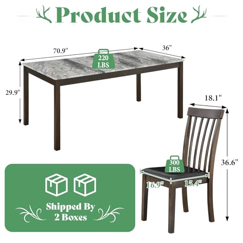 AMERLIFE 7-Piece Dining Table Set, 71" Faux Marble Modern Table with 6 PU Leather Upholstered Chairs, Heavy-Duty Solid Wood Set for Kitchen & Dining Room, Dark Brown - Image 3