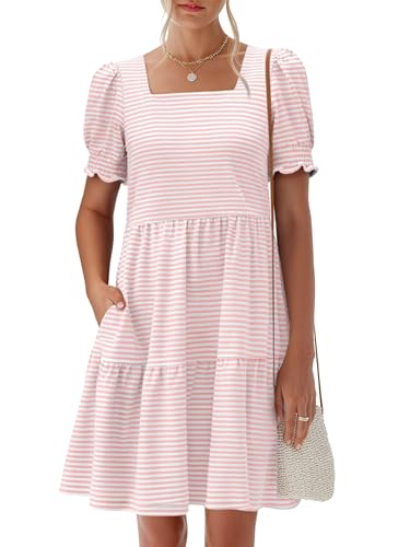 Image of ANRABESS Women Summer Square Neck Puff Short Sleeve Mini Dress 2026 Casual Flowy Sundress Beach Vacation Clothes with Pockets