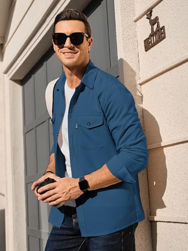 Image of Comdecevis Men's Casual Shirt Shacket Long Sleeve Button Down Lightweight Jacket Overshirt with Flap Pockets Gray Blue