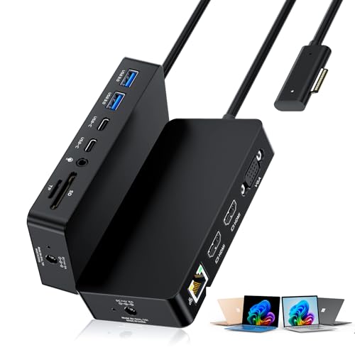 Surface Dock Triple Displays Dual HDMI+VGA with Power Adapter 12 in 1 Surface Docking Station for Surface Pro 12/11/10/9/8/X/7/6/5/4/3 Surface Laptop 7/6/5/4/3/2/1 Surface Book Go Accessories