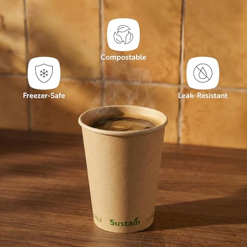 Image of Restaurantware-Sustain 12 Ounce BPI-Certified Hot Cups, 1000 Single Wall Coffee Cups - Lids Sold Separately, Leakproof PLA Coating, Compostable Kraft Paper Cups, For Hot Or Cold Drinks