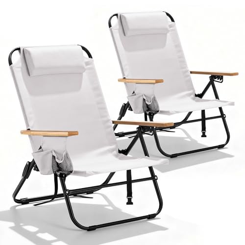 Canpsky 2 Pack Premium 5-Position Reclining Camping Chair - Portable Folding Lightweight Outdoor Chair with Wooden Armrests Headrest & Pockets 350lbs Heavy Duty for Beach Patio Cream White
