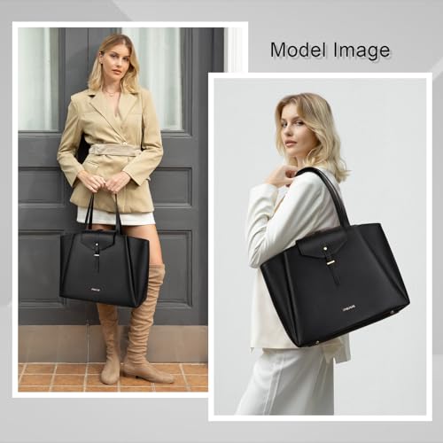 MOSISO Laptop Tote Bag for Women, 15.6 inch PU Leather Work Laptop Bag with Flap Buckle & Clutch Purse, Large Capacity Computer Shoulder Handbag for Casual Business Travel, Black2