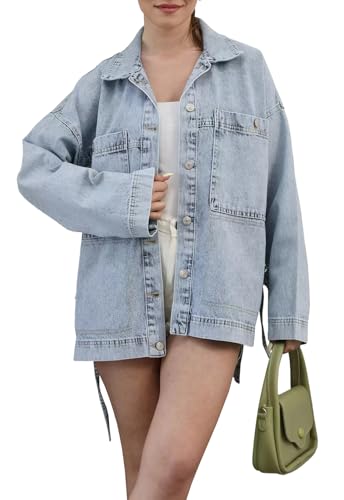 TodTan Vintage Distressed Denim Jacket for Women - Light Blue and Black Stretch Comfort Pre-Shrunk Washed Casual Coat, Light Blue-a, M