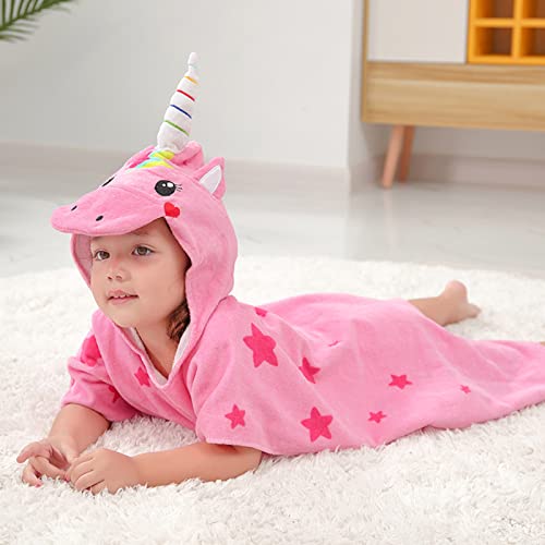 Image of LOLANTA Kids Terry Cloth Cover UPs Children's Hooded Bath Towels Dinosaur, Boys Beach Towel Pool Poncho Swim 100% Cotton (Pink Unicorn,1-3T)