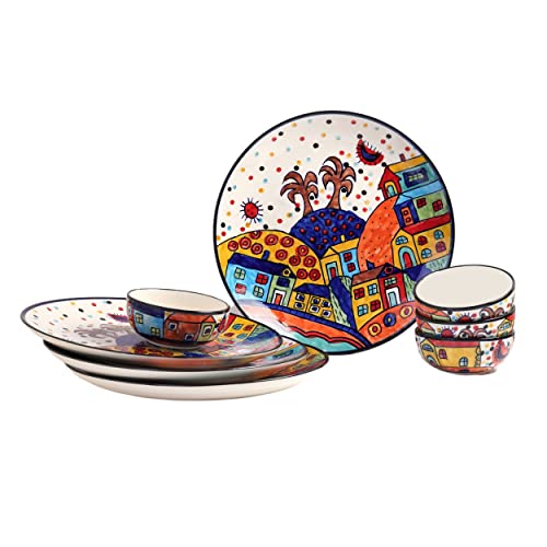 Image of Handpainted Ceramic Printed Hut Handpainted Plates with Katoris (8 Pieces, Serving for 4, Dishwasher&Microwave Safe) -Multi-Color