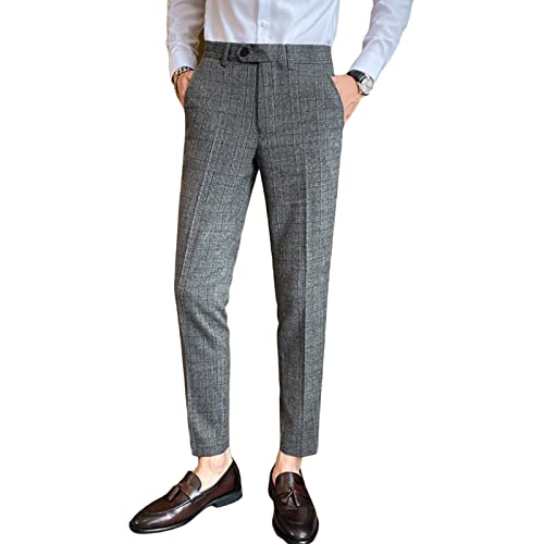 Men British Slim Casual Plaid Trousers Stretch Stripe Pants with Pockets Plaid Flat-Front Business Party Pencil Pant