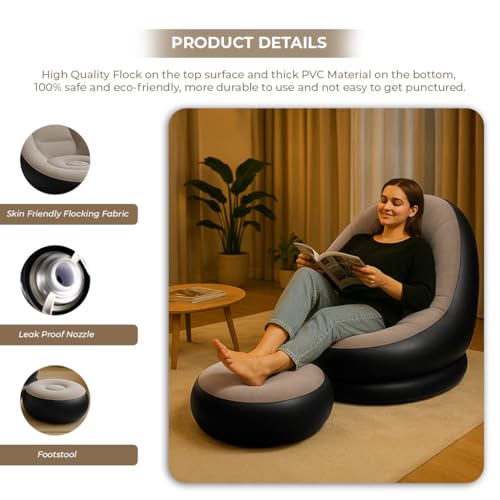 Image of Inflatable Lounge Chair with Air Pump & Footrest, 2-in-1 Folding Portable Recliner Sofa for Indoor Living Room, Bedroom, Office, Balcony, Outdoor Camping, Travel & Garden Use