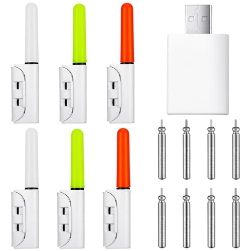 Glooglitter 6 Pcs Fishing Glow Sticks LED Fishing Pole Light Night Fish Alert Glow Stick with 8 Pcs Rechargeable CR425 Battery and Battery Charger(Multicolor Light,Classic Style)