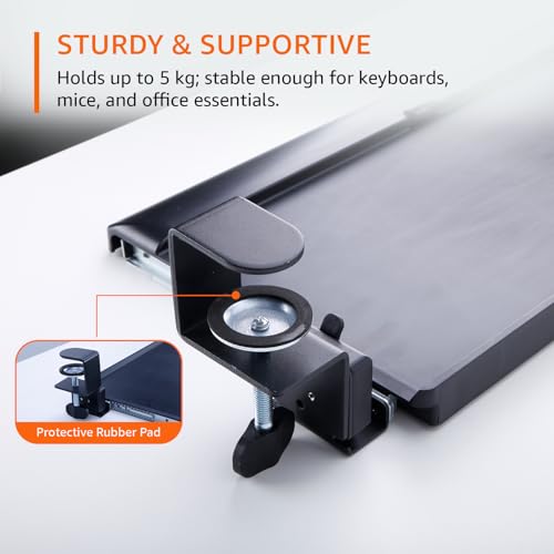 Image of Amazon Basics Ergonomic Under-Desk Keyboard Tray | Slide-Out Design with Sturdy C-Clamps | Space-Saving | Non Drill Clamp On Mount | Fits Desks Upto 48mm Thickness | 68 L x 28.3 W x 2.9 H cm
