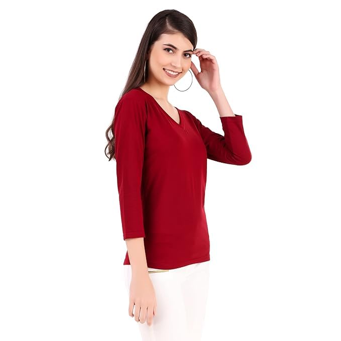 Image of Women's 3 /4 Sleeves Regular Fit V-Neck Cotton T-Shirt