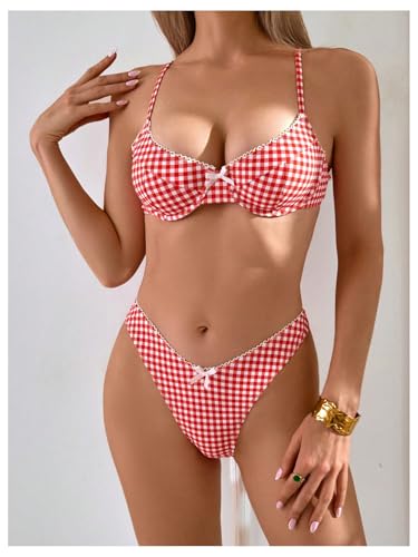 SOLY HUX Women's Plaid Gingham Bikini Set Bowknot Spaghetti Strap High Cut Bathing Suit Two Piece Swimsuit4