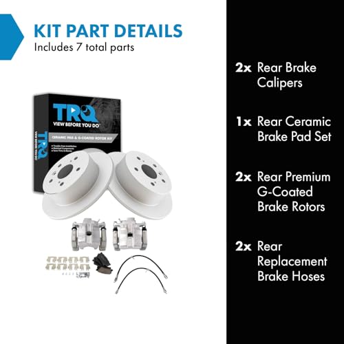 Image of TRQ Rear Brake Pad and Rotor Set Ceramic G Coated Rotors Calipers Compatible with 2013-2015 Toyota Avalon 2012-2017 Camry