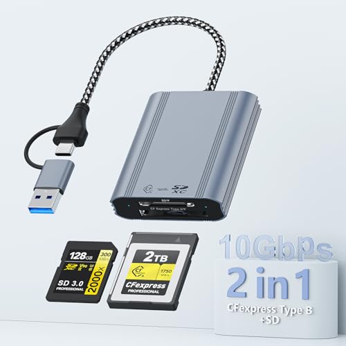 Lector de Tarjetas CFexpress Type B & SD con USB 3.2 Gen 2 10Gbps, USB C/USB A 2 en 1,CF Express Reader Compatible con Windows/Mac/Linux/Android, para iPhone, PC, portátiles, tabletas, Smartphones