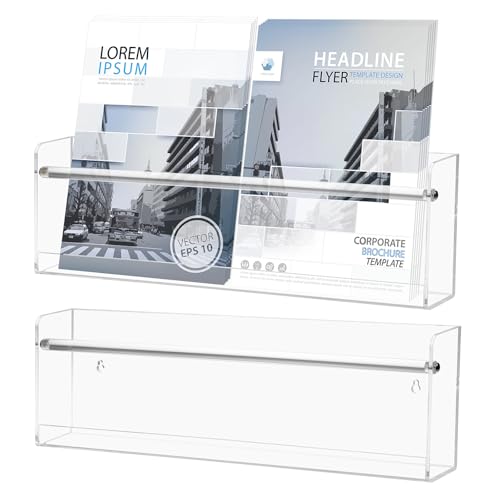 Novacrylion 2 Pack Wall Mount Magazine Holder & Paper Organizer, 17 Inch Acrylic Floating Book Shelves for Nursery, Kids Room Decor
