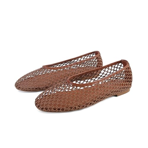 SOVANYOU Mesh Ballet Flats for Women Slip On Brown Woven Flats Round Toe Comfy Casual Office Fishnet Ballerina Flat Shoes