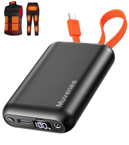 Muvenes 7.4V 20000mAh Heated Vest Battery Pack, Battery Pack for Heated Vest Compatible with ORORO, for TODWARM, for Weamest, for XINSONYUELL, Rechargeable Power Bank with Built-in USB-C Cable