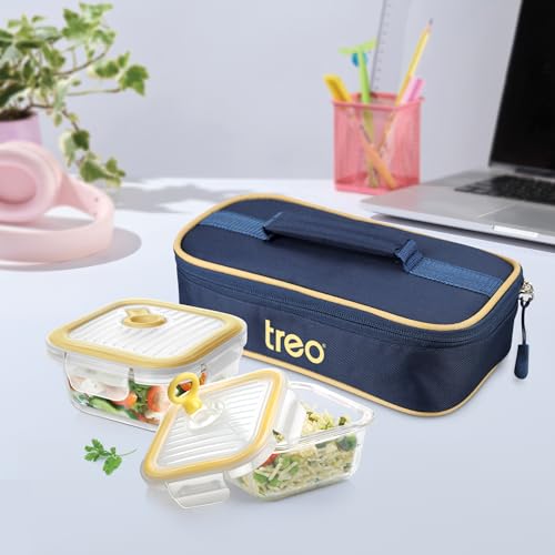 Image of Treo By Milton All Fresh Borosilicate Glass Square Tiffin set of 2, 320 ml each, Durable Carry Jacket,Microwave & Oven Safe,Leak Proof, Air Vent Lid, Scratch Resistant, Ideal for Office, School,Travel