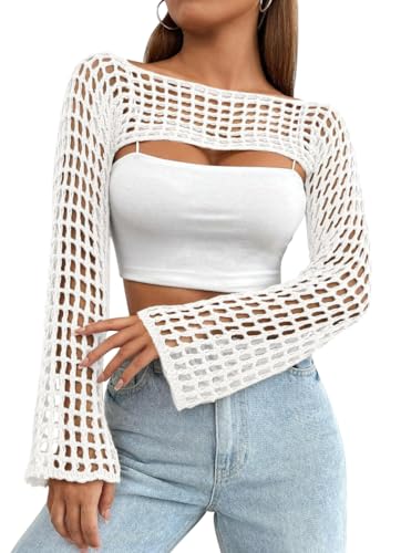Image of Womens Crochet Shrug Y2K Hollow Out Bolero Shrug See Through Cropped Knit Sweater Top