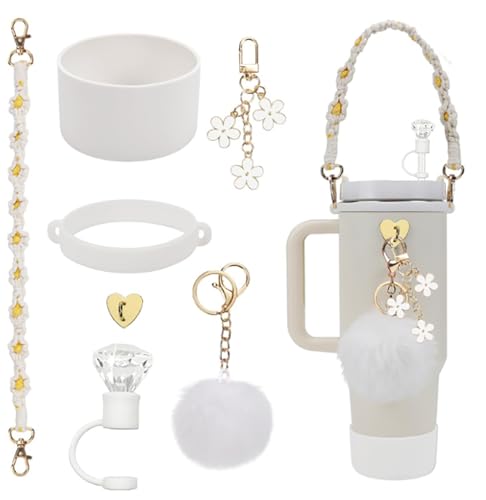 Image of House of Quirk 7 Accessories Set Handle Strap, Silicone Cup Boot, Silicone Straw Cover, Charms Cup 40oz & 30oz Tumbler (White, Tumbler Not Included)