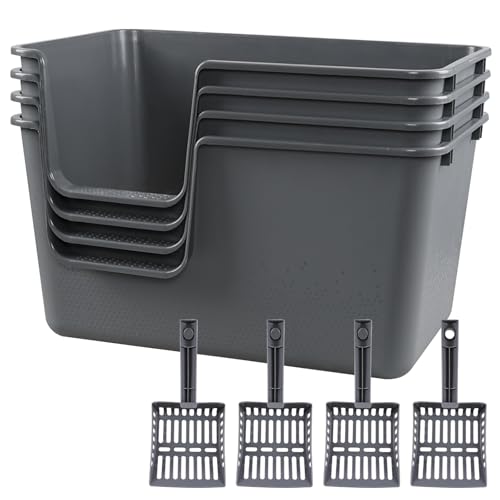 Parlynies Set of 4 Extra Large Cat Litter Box, Low Entry Senior Litter Pen for Geriatric Kitty Big Cats, Open Top Cat Litter Tray with Scoop, Grey