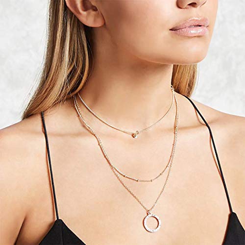 Aimitery Boho Layered Rhinestone Necklace Gold Crystal Pendant Necklaces Beaded Circle Chain Jewelry Adjustable for Women and Girls