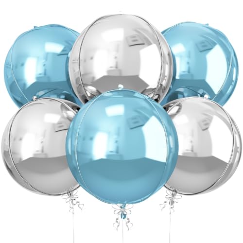 Image of Blue Silver Round Foil Balloons Birthday Prom Decor 22 Inch 6 Pcs