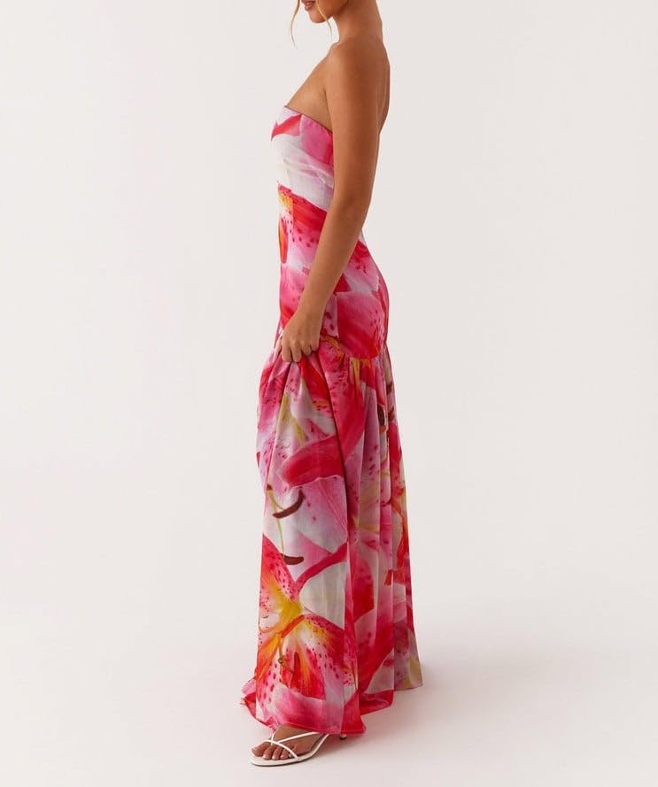 Image of Women Floral Strapless Maxi Dress Y2K Bodycon Tube Long Dresses Sexy Party Formal Cocktail Beach Slit Dress